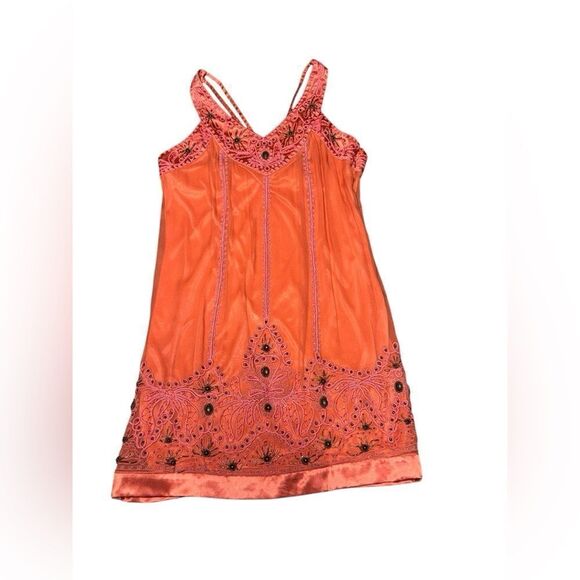 Vintage SUE WONG coral v neck embellished embroidered beaded mini dress